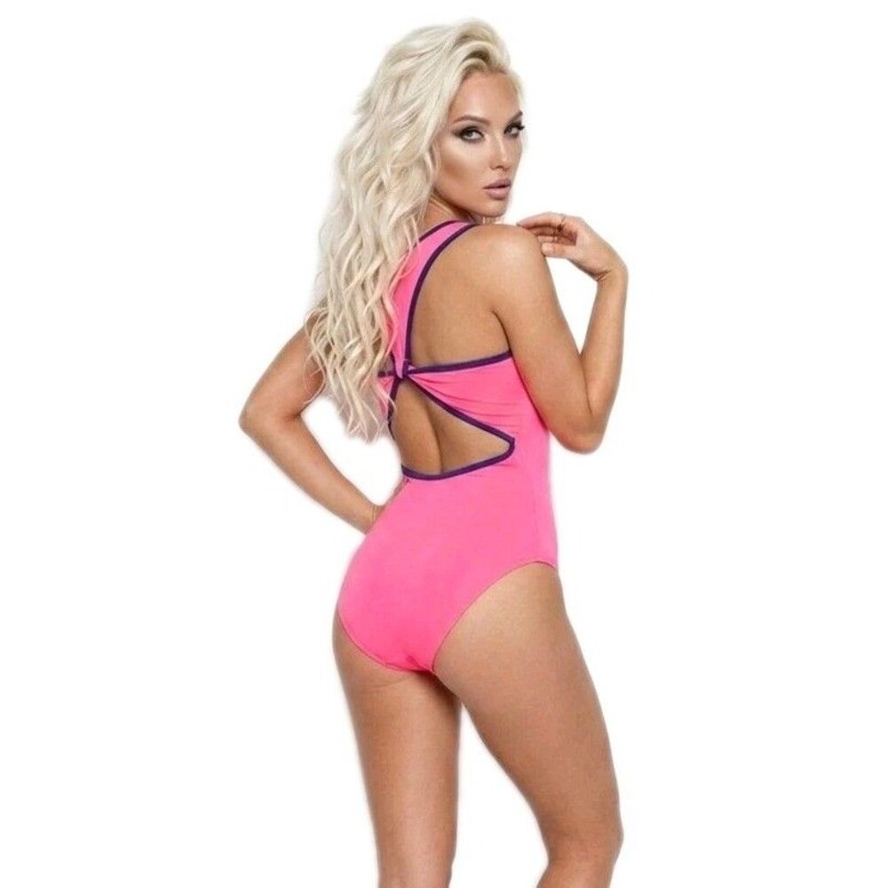 Aja VTG 90s Twisted Triangle Open Back Keyhole Leotard Built-in Bra Neon Pink AS